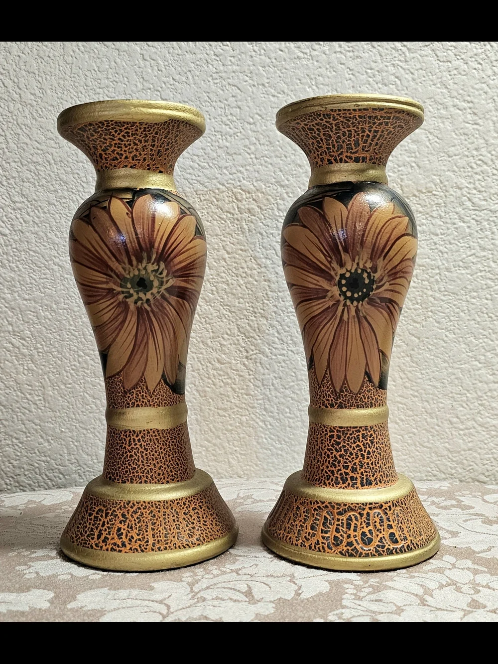 Boho Ceramic Candlestick Holders Hand Painted Sunflower Motif Crackle Glaze Gold